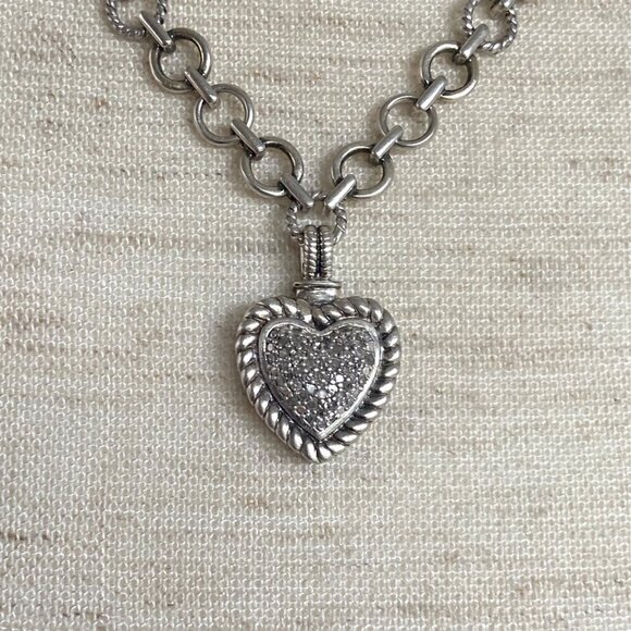 Sterling Silver 925 HN Heng Ngai Pave Diamond Heart Rolo Chain Necklace 17" - Picture 12 of 16